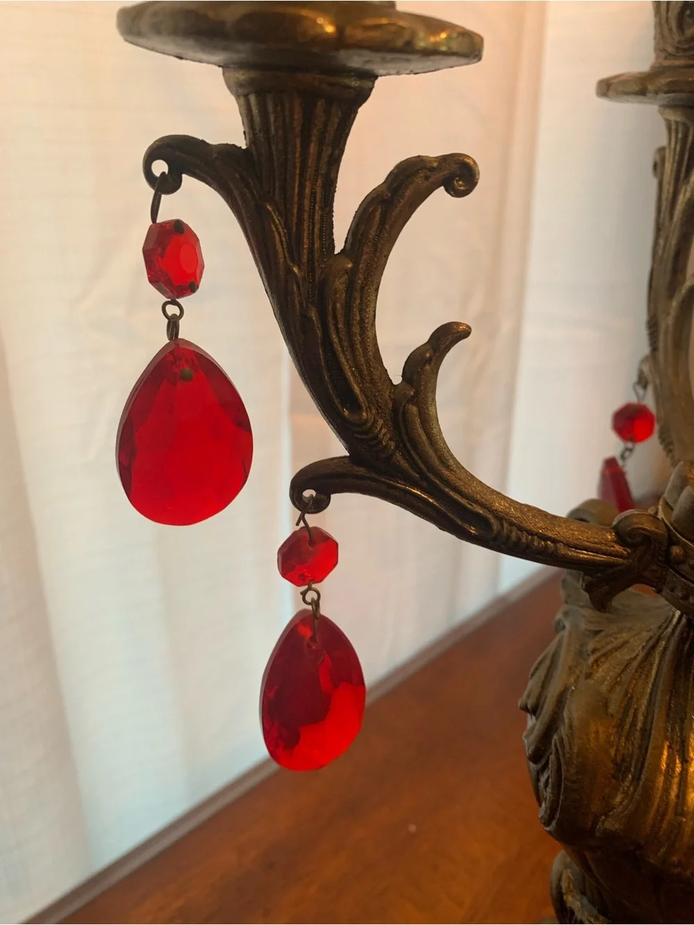 Antique-Style Ornate Brass Candelabra Pair with Red Crystal Drops